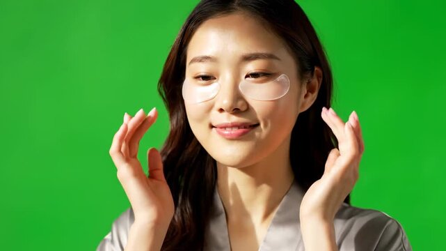 Young Asian woman with eye patches smiling, green screen background, skincare routine