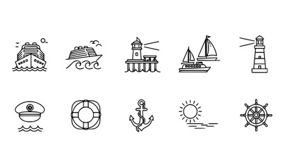 Travel by Sea Vector Icons Minimal Thin Line Cruise Ship Harbor Waves Collection © Lipi