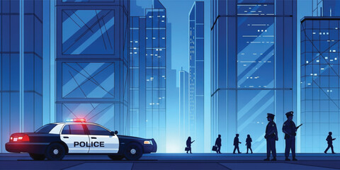 City Police Patrol at Night with Officers and Patrol Car in Urban Downtown Street, Law Enforcement Security and Public Safety Illustration for Crime Prevention Design © Selim Studio