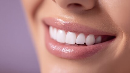 Obraz premium Close-up of a woman's perfect white smile with glossy pink lips and healthy teeth