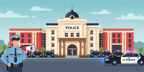 Police Station Building with Officer Holding Megaphone and Patrol Cars in Front of Law Enforcement Department for Public Safety and Security Illustration © Selim Studio