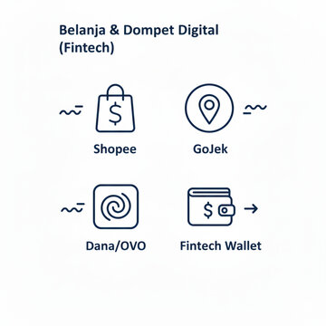Shopping and Fintech Digital Wallet Outline Icons
