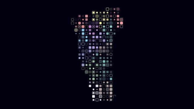 Vermont animation. Shape of the state with pulsating colored dots. Large size rounded square blocks. Digital style map on dark background. Modern video.
