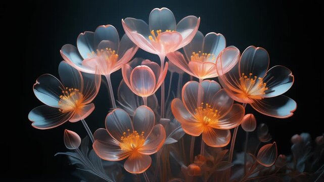 Ethereal glowing translucent flower arrangement on a dark background with soft lighting