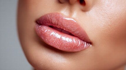 Naklejka premium Close-up shot featuring beautiful pink lips with glossy lip gloss and radiant skin.