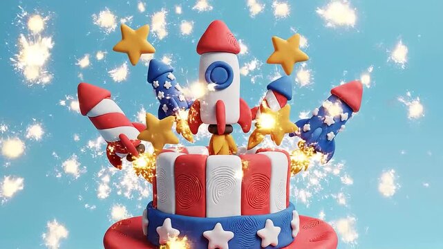 Claymation Uncle Sam Hat Cake with Rockets and Stars Celebrating Fourth of July Independence Day Celebration