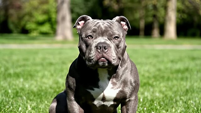 Playful pitbull dog resting in sunny park video.