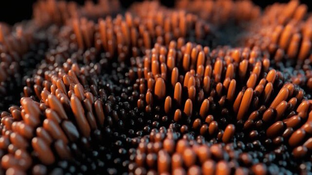 A close-up view of a cluster of brown, cylindrical objects densely packed together, forming a textured surface in a dark environment.