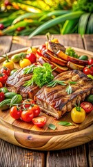 A photo of succulent grilled pork ribs served with colorful vegetables on a rustic wooden platter