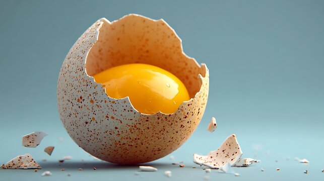 Fragile broken eggshell cradles a vibrant orange yolk suspended over blue surface.