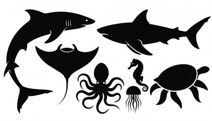 Fototapeta premium Marine Animals Silhouette Set Isolated on White Background
