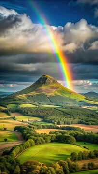 A realistic photo of Rainbow over Eildon Hills
