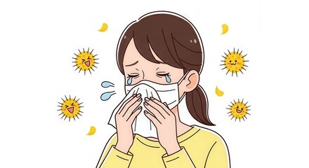 Friendly Illustration of a Woman Suffering from Cedar Pollen Allergy in Spring at School, Office, Public Transport and City