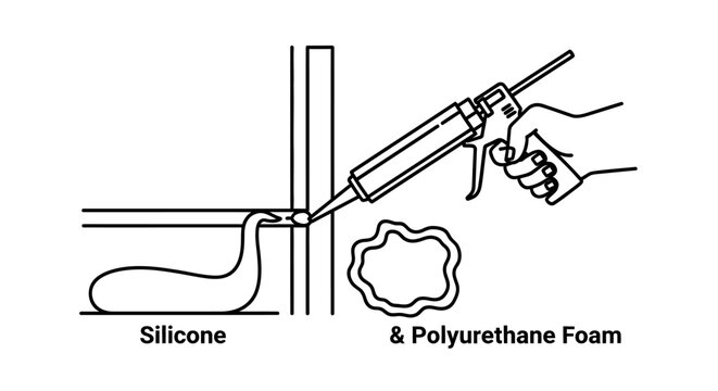 Hand applying sealant with caulk gun to gap between surfaces, silicone and foam
