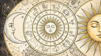 Vintage Astrological Zodiac Wheel Illustration with Sun, Moon, and Star Signs © trsyhg