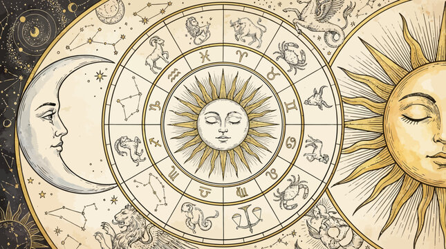 Vintage Astrological Zodiac Wheel Illustration with Sun, Moon, and Star Signs