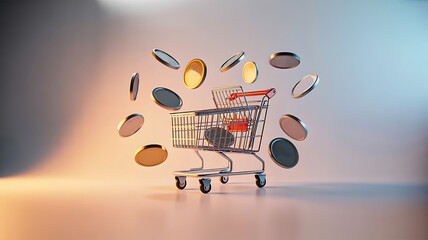 Fototapeta premium Shopping cart with flying coins representing online shopping and digital payment concept