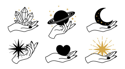 Mystical Hands Holding Celestial & Spiritual Elements Vector Set - Crystals, Moon, Stars, Saturn, Heart   Esoteric Boho Magic Line Art © trsyhg