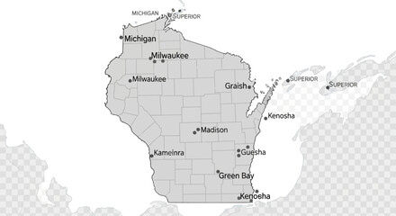 Obraz premium Map of Wisconsin with Major Cities Marked - USA State Geography