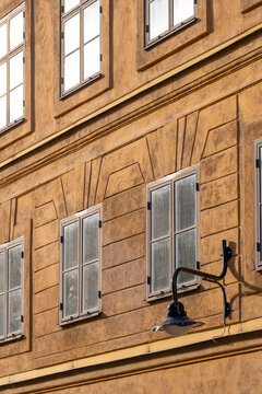 Closeup window and lamps detail historic urban architecture on a street with Sodermalm facade in Stockholm Sweden on a Scandinavia building