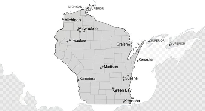 Map of Wisconsin with Major Cities Marked - USA State Geography