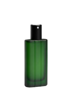 Single forest green frosted glass rectangular bottle with a matte black cylindrical cap stands on a transparent seamless background under soft diffused light. Luxury commercial advertising concept