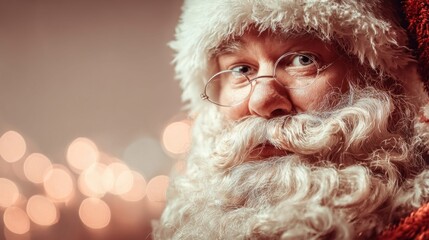 Close-up portrait of a smiling Santa Claus with a fluffy white beard and glasses