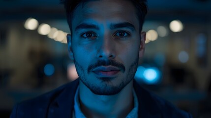 Obraz premium Moody portrait of young man in blue neon light with serious expression, modern cinematic lighting concept with dark atmospheric background