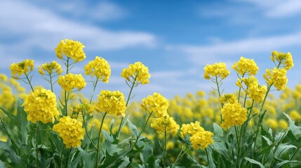 Obraz premium Vibrant Yellow Wildflowers Under a Bright Blue Sky in a Scenic Countryside Landscape During a Sunny Day