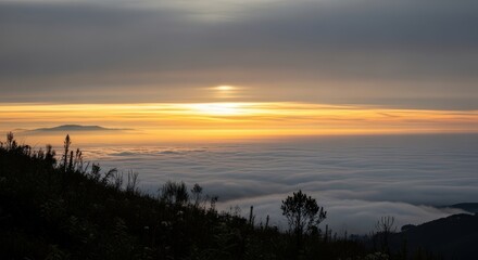 Fototapeta premium Atmospheric Hazy Sunrise or Sunset Over a Distant Cloud Layer with Silhouetted Foreground