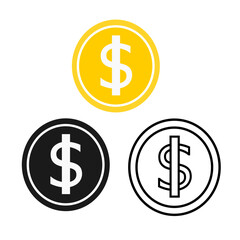 Obraz premium Three US dollar coins in white, yellow, and black on a white background, symbolizing money and finance