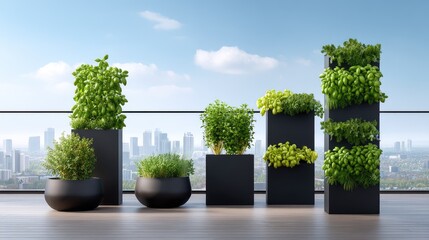 Fototapeta premium Modern rooftop garden with various herbs and plants in stylish planters against a panoramic cityscape backdrop under a bright blue sky