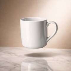 Obraz premium Floating White Ceramic Mug Mockup Levitating Over Marble Surface.