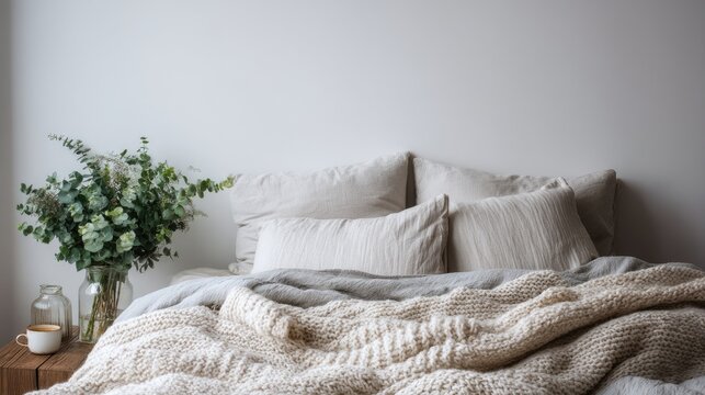 Cozy bedroom setup featuring soft bedding, decorative pillows, a blanket, a vase with greenery, and a warm color palette for relaxation and comfort