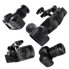 Photo and video cameras flying in air on white background