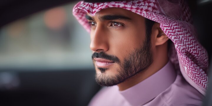 Close-up portrait of a handsome Arab man wearing a traditional ghutra and thobe