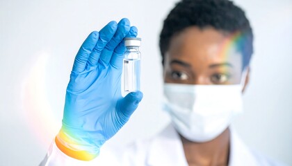 Naklejka premium Healthcare Provider: A healthcare professional, masked and gloved, holds a vial of medicine, symbolizing the essential role of medical professionals in providing care and health.