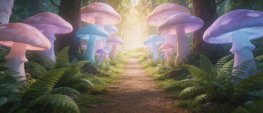 A path through a forest with many different colored mushrooms
