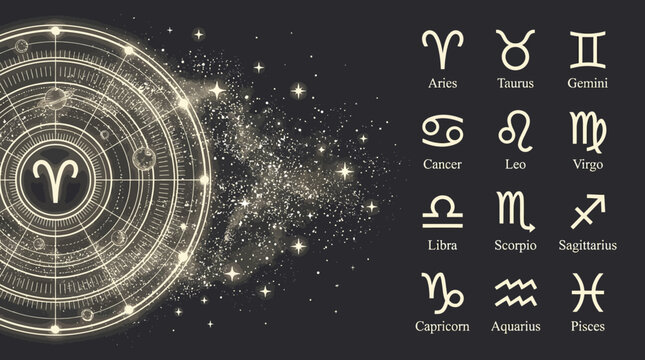 Cosmic Zodiac Signs and Astrological Chart with Golden Glyphs on Dark Starry Background