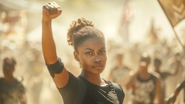 A Black woman with an intense gaze and raised fist leads a passionate protest march, with supporters blurred in the background.