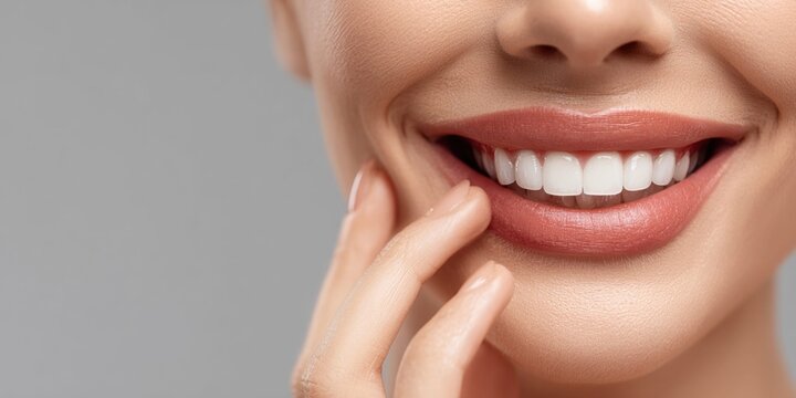 Close-up of a woman's perfect white smile with rosy lips and a gentle touch