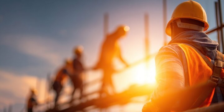 Construction worker in hard hat and safety vest at sunset, looking towards a building site