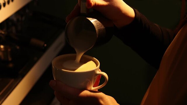 Barista pouring steamed milk into cup of coffe in cafe, closeup. Camera moving down