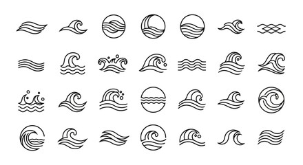 Set of Hand-Drawn Wave Icons and Symbols, Minimalist Water Elements Collection