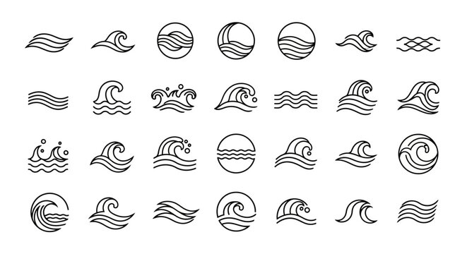 Set of Hand-Drawn Wave Icons and Symbols, Minimalist Water Elements Collection