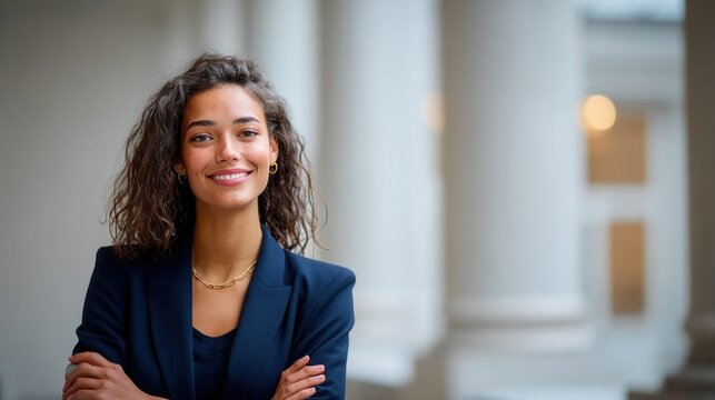 Confident businesswoman with arms crossed smiling at the camera in a professional setting