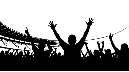 Silhouetted crowd with raised hands in energetic joyful atmosphere under bright stadium lighting on black and for concert event Transparent Background