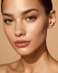 Fototapeta premium Closeup beauty portrait of young woman with flawless skin and natural makeup on warm beige background, clean cosmetic skincare concept