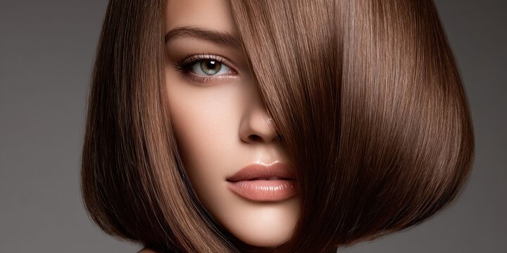 Elegant woman with smooth brown bob haircut and subtle makeup, looking sophisticated