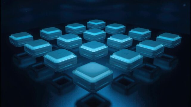 Glowing blue cube stack grid with reflective surfaces and futuristic ambient lighting minimalist